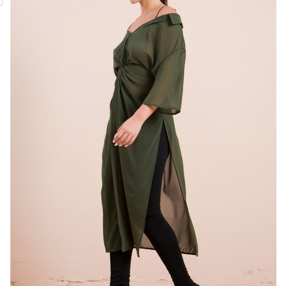 Olive Cold Shoulder Blouse w/ Collar & Twist Knot - Picture 5 of 10